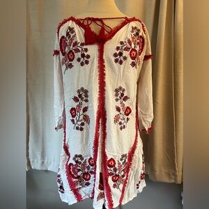 Anthropologie Ranna Gill floral embroidered dress White/red sz XS